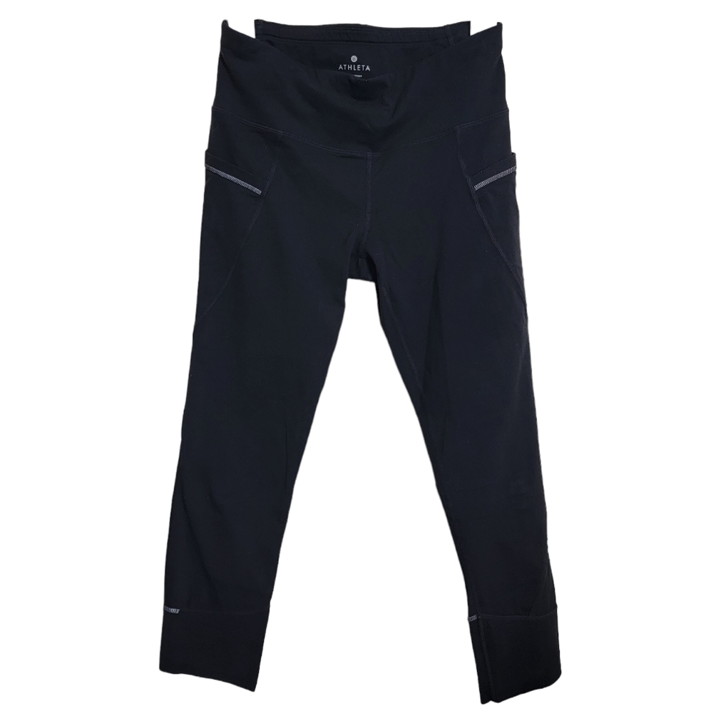 Athleta Black Side Pocket Back Zip Mesh Detail Reflective Crop 7/8 Legging S
